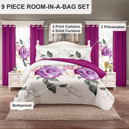 Queen 9-Piece Purple Rose Bedding and Curtain Set with Quilted Bedspread, Shams & Sheer Panels for a Complete Bedroom Refresh, quilted purple rose bedding set detail