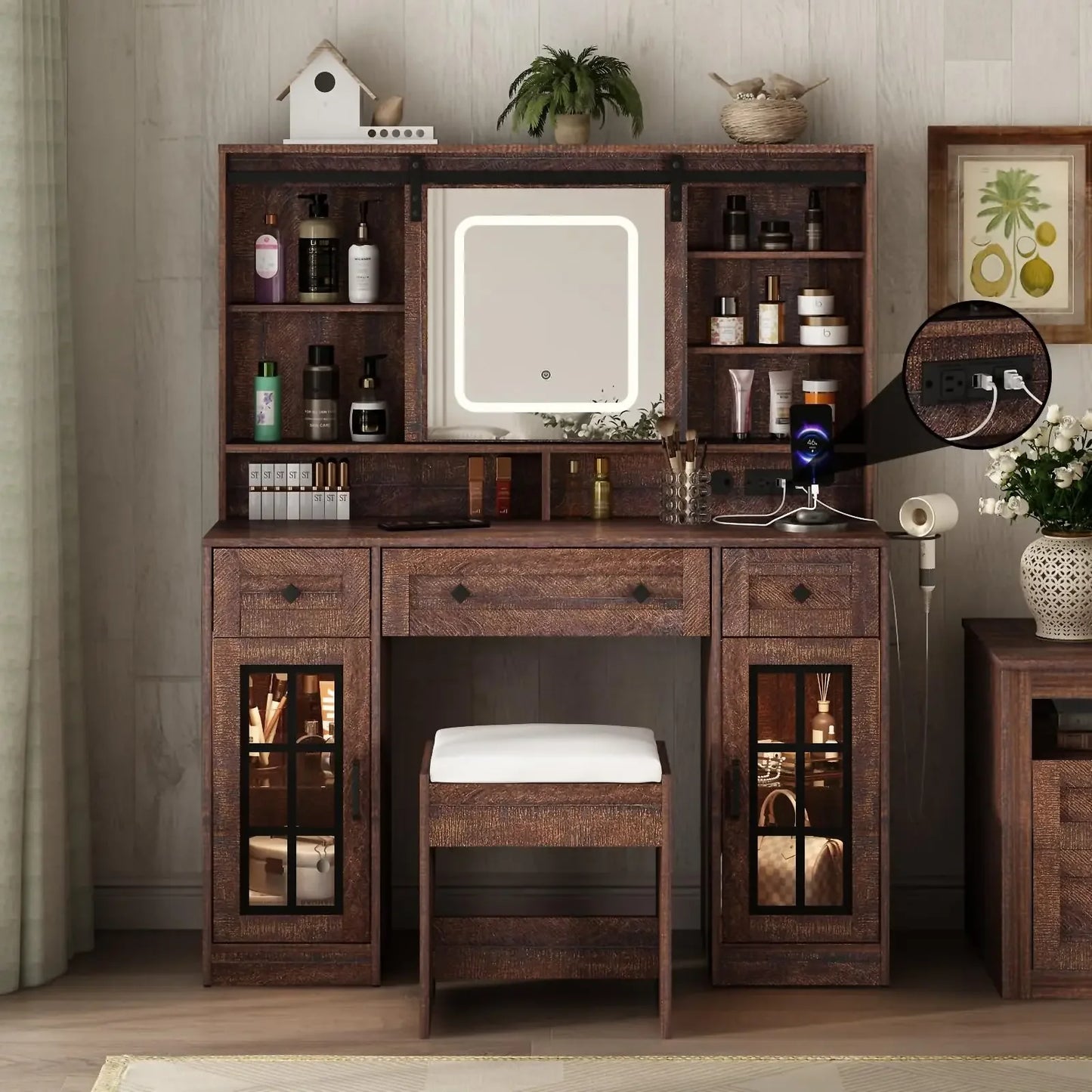 Farmhouse Vanity Makeup Desk w/Stool & Charging Station