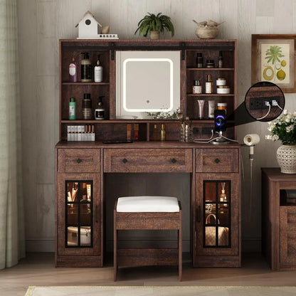 Farmhouse Vanity Makeup Desk w/Stool & Charging Station