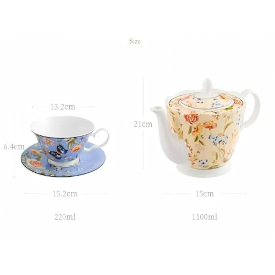 Close-up of Aynsley 7-Piece Tea Set, showcasing intricate Pembroke bird and floral design on fine bone china.