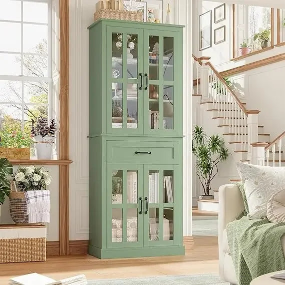Glass Door Wooden Tall Storage Cabinet with Drawer – 71” Modern Green Pantry Bookcase with Adjustable Shelves, perfect for organizing your space as a glass door storage cabinet.