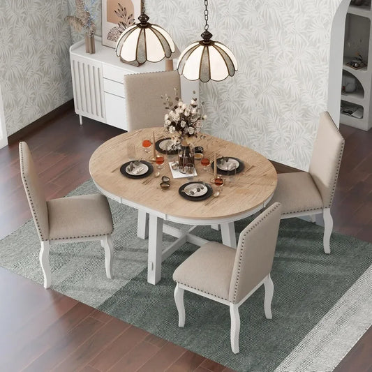 5-Piece Round Natural Wood Dining Table Set for 4
