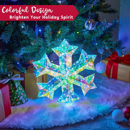 Unique 3D Iridescent Snowflake Ornament with 100 LED Cool White Lights - A cheerful scene with a colorful 3D snowflake ornament under a Christmas tree.