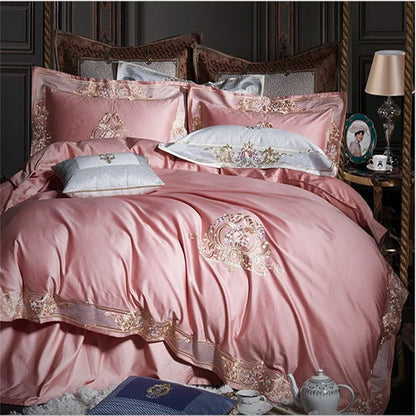 Pheliza Embroidered Egyptian Cotton Bedding Set - 1000TC Pearl White/Pink Petal Duvet Cover Set, close-up of elegant gold embroidery on an egyptian cotton bedding set