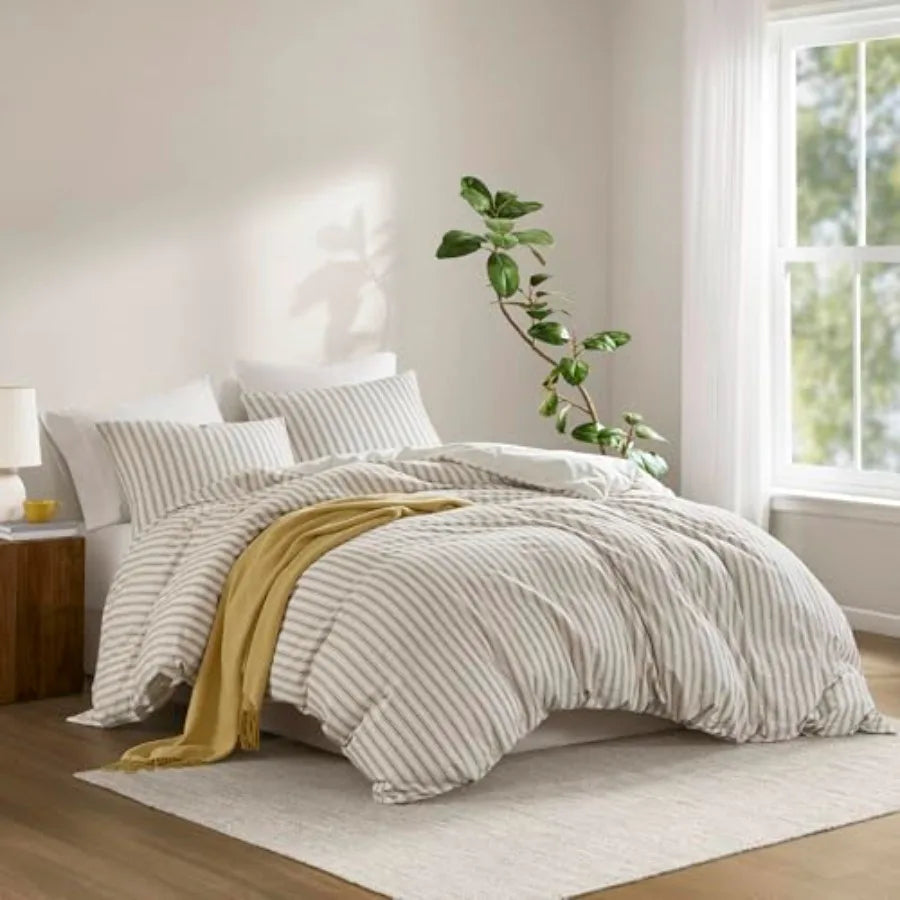 Close-up of the Luxury Linen Blend Striped Duvet Cover Set showcasing its breathable material and contemporary striped design, perfect for a coastal bedroom decor.