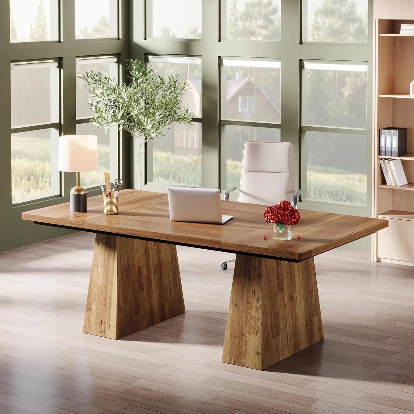 The double pedestal storage of the 63-inch Walnut Brown Desk, ideal for organizing office supplies and documents.