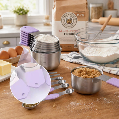 16-Piece Magnetic Measuring Cups and Spoons Set, 304 Stainless Steel with Purple Silicone Handles arranged for precise baking measurements