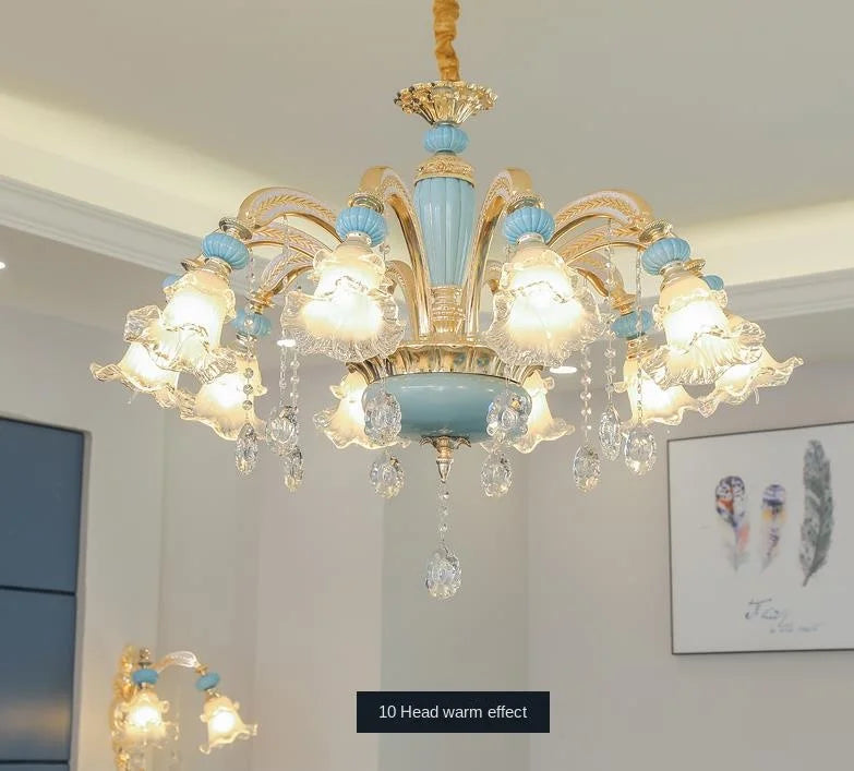 Frosted White Glass Tiffany Blue Floral Chandelier