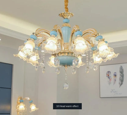 Frosted White Glass Tiffany Blue Floral Chandelier