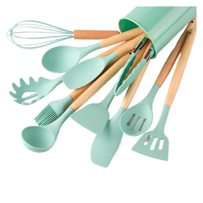 12-Piece Silicone Kitchen Utensil Set with Wooden Handles for Non-Stick Cookware, silicone kitchen utensil set for serving pasta and meals