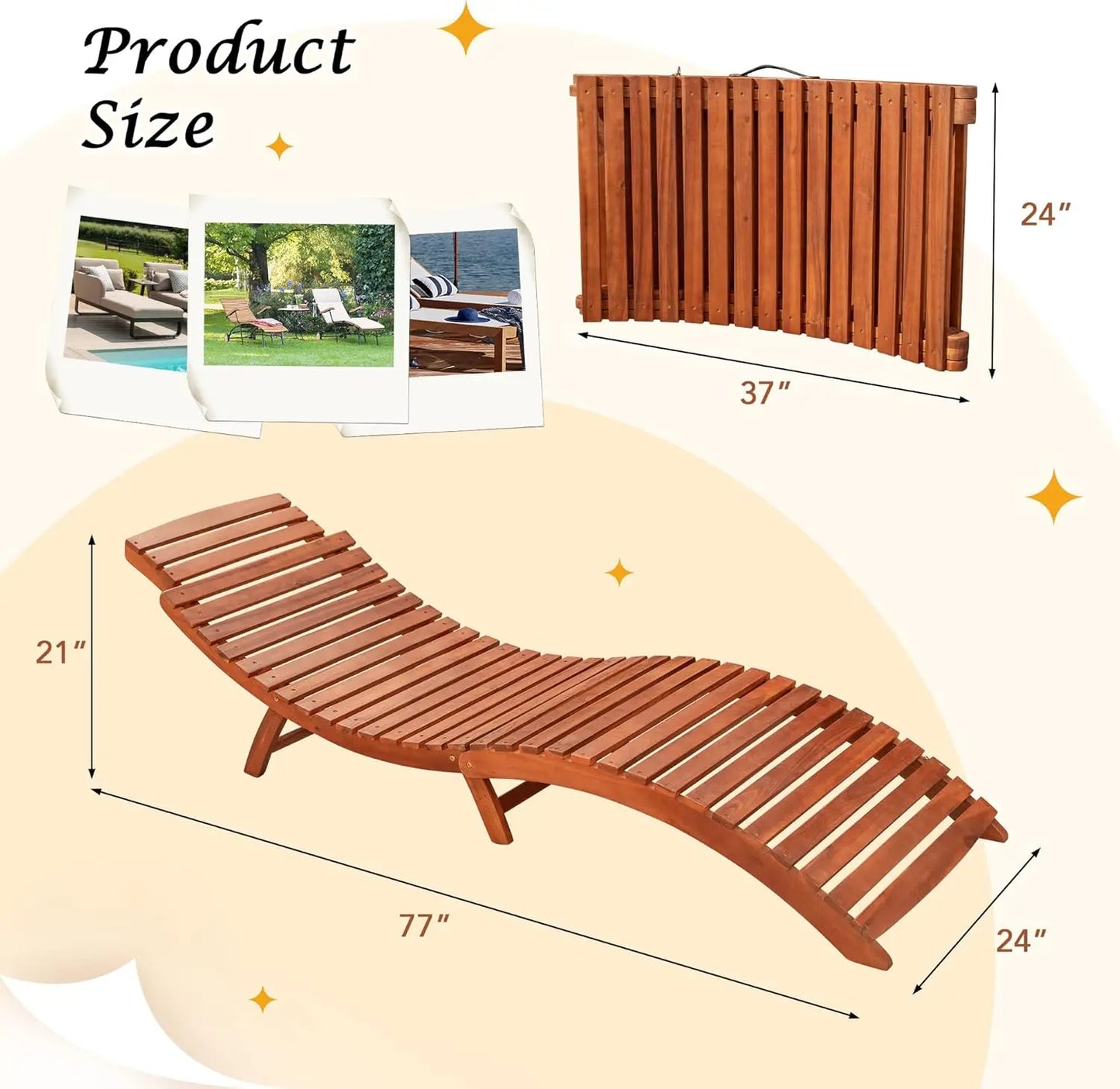 Modern Large Solid Acacia Wood Chaise Lounge Chair-Set of 2