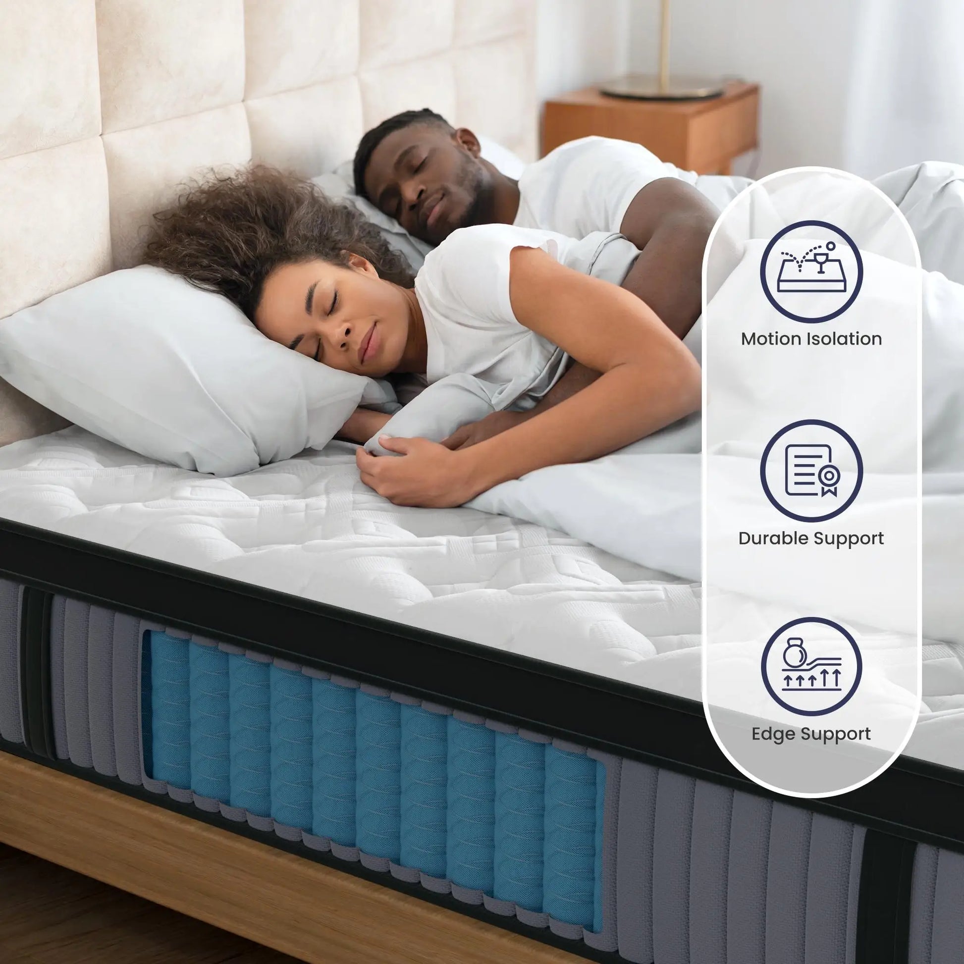 BedStory 14-Inch Luxury Hybrid Mattress displayed on a stylish bed frame, the ultimate hybrid mattress for cooling sleep.