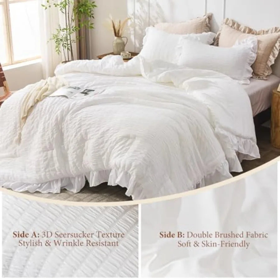 Detail shot of the ultra-soft microfiber material in the White Ruffle Comforter Set, ensuring durability and comfort.