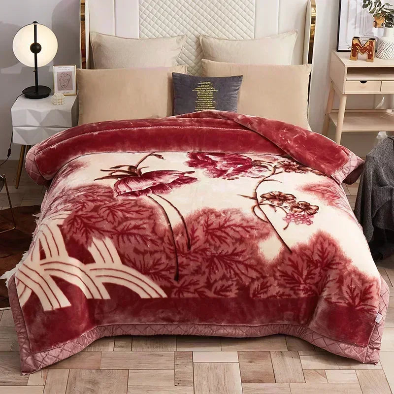 Korean Raschel 2-Ply Heavy Fleece Blanket, 78x90 Queen Size Reversible Geometric Plush Blanket displayed on a neutral bed; reversible geometric blanket in gray, black, and white.