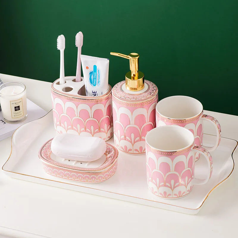 Stylish pink white gold Luxury Ceramic Hand Soap Dispenser set on a marble tray, enhancing the luxury feel of any bathroom.