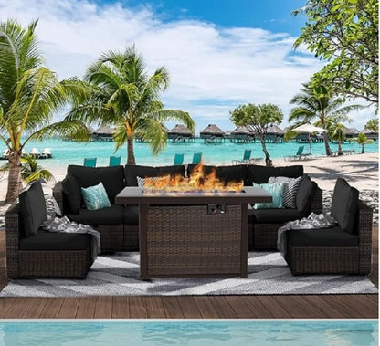 7-Piece All-Weather PE Rattan Patio Furniture Set w/Fire Pit Table