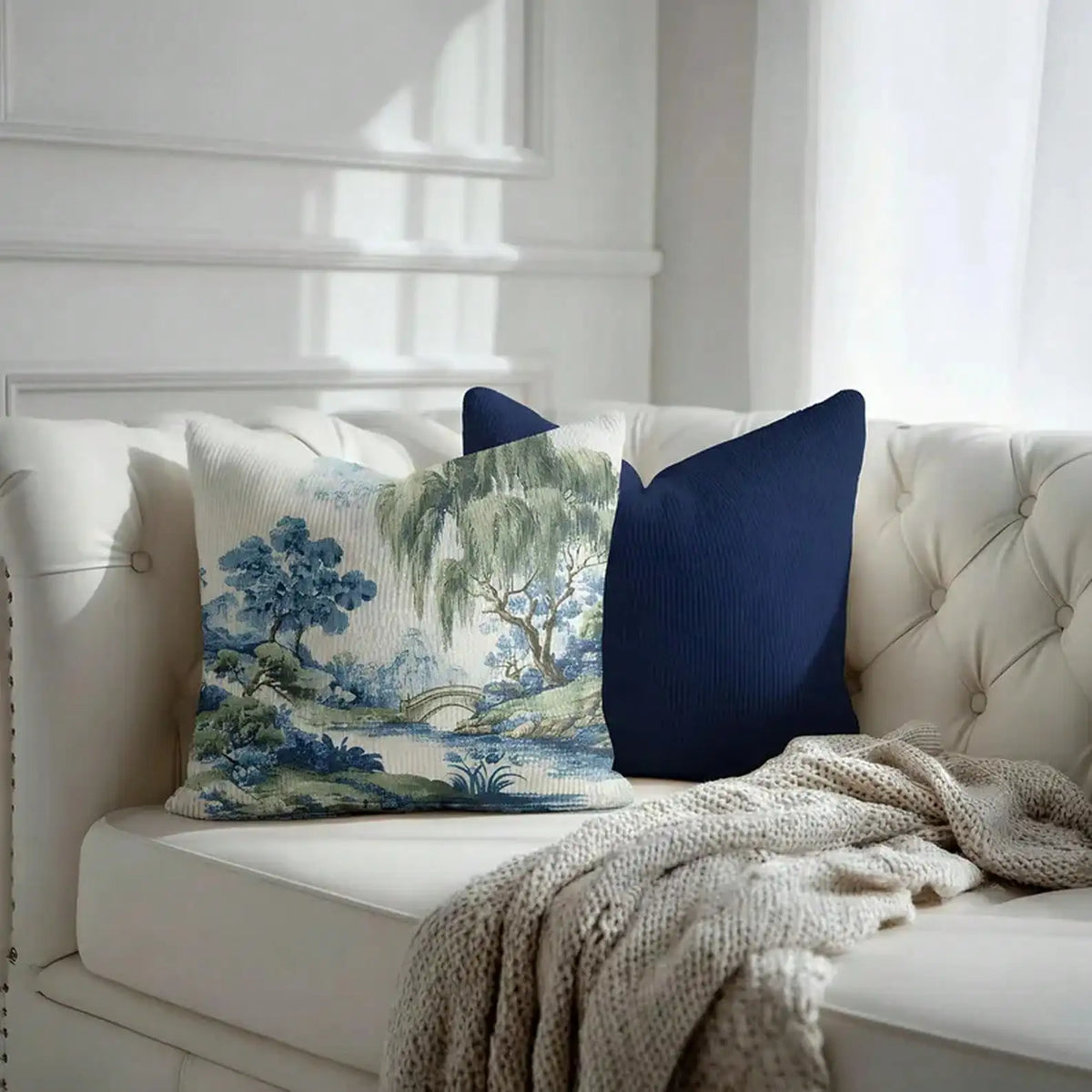 Green Willow Chinoiserie Scenic Landscape Pillow Cover in Blue and Green, Polyester Throw Pillow Case with Hidden Zipper, hidden beige zipper detail on chinoiserie pillow cover