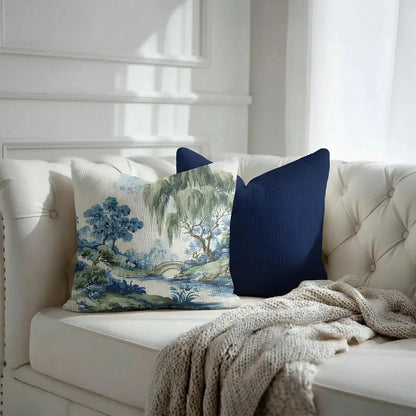 Green Willow Chinoiserie Scenic Landscape Pillow Cover in Blue and Green, Polyester Throw Pillow Case with Hidden Zipper, hidden beige zipper detail on chinoiserie pillow cover