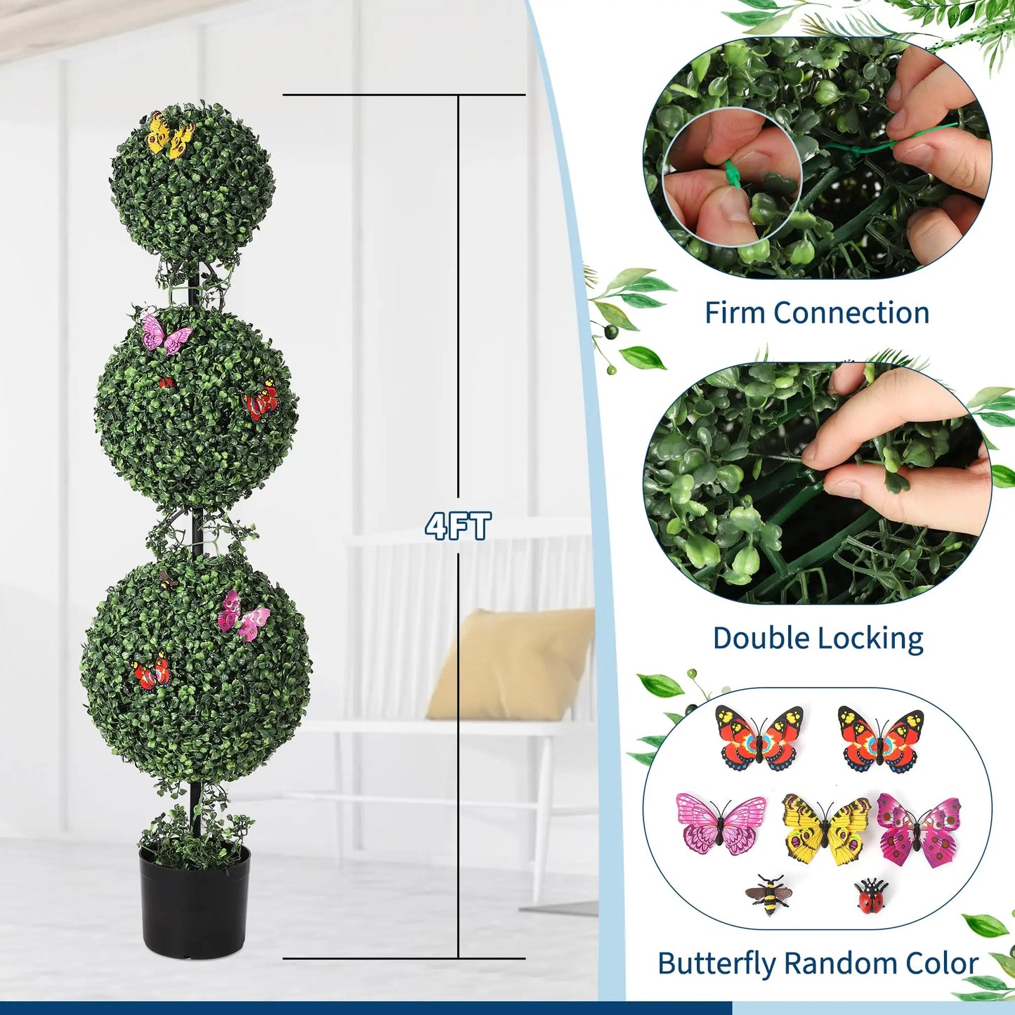 4' Artificial Triple-ball Topiary Tree w/Butterly Decoration