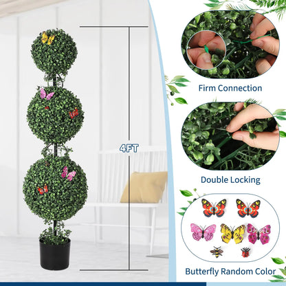 4' Artificial Triple-ball Topiary Tree w/Butterly Decoration