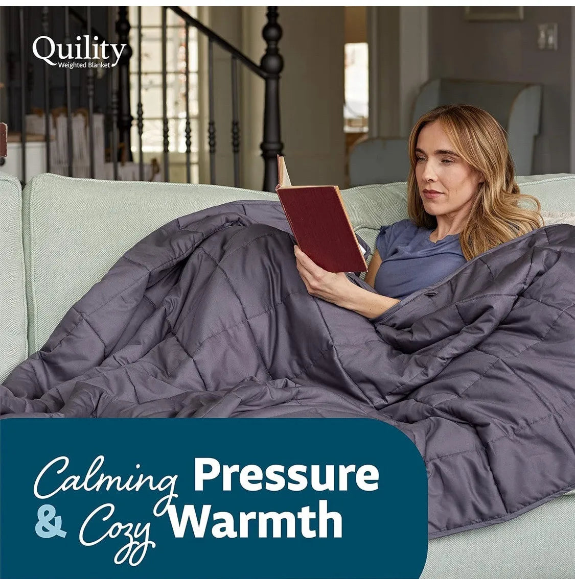 Quility 20 lb Queen Weighted Blanket, 60x80 Breathable Cotton Glass Bead Blanket for Adults, displayed on a queen-size bed as a breathable 20 lb weighted blanket