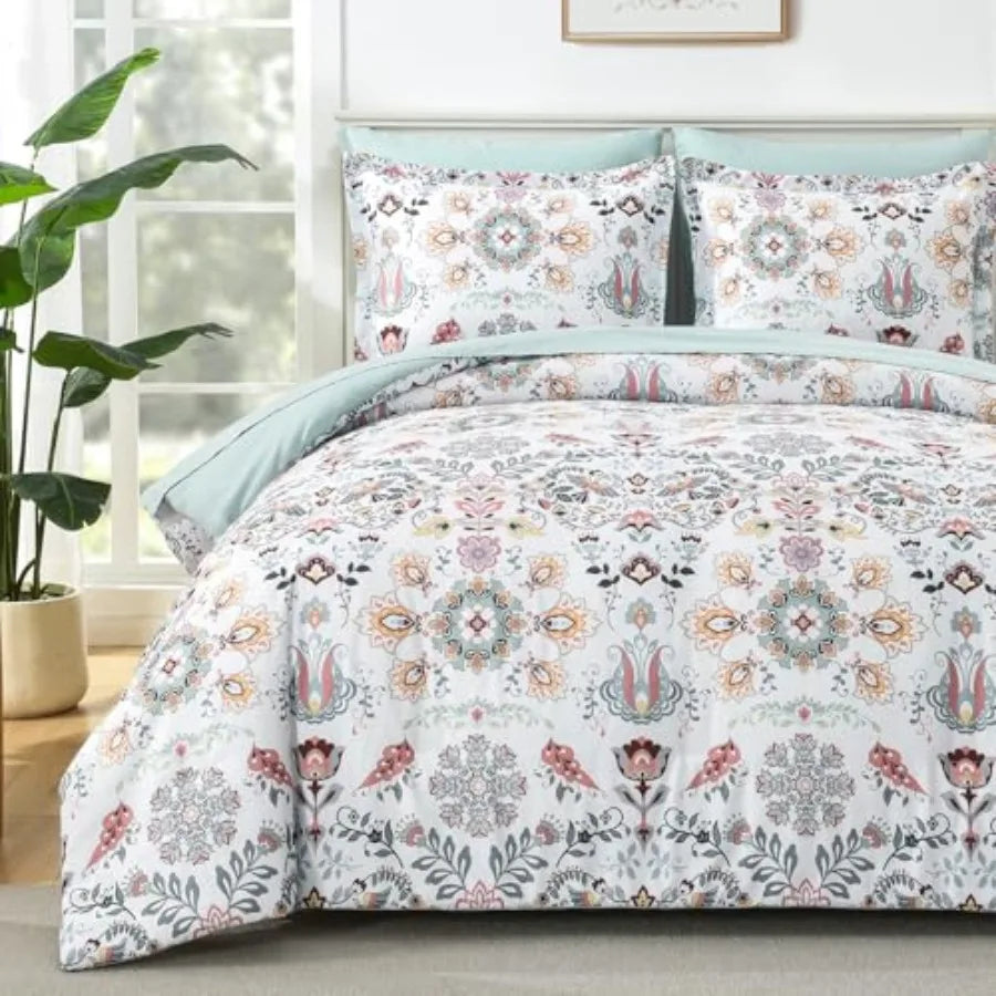 Boho Floral Comforter Set Queen – 7 Piece Light Green Microfiber Bedding Set showcasing a beautiful floral design in soft pink and grey tones.