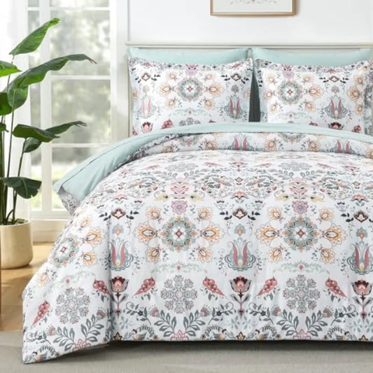 Boho Floral Comforter Set Queen – 7 Piece Light Green Microfiber Bedding Set showcasing a beautiful floral design in soft pink and grey tones.