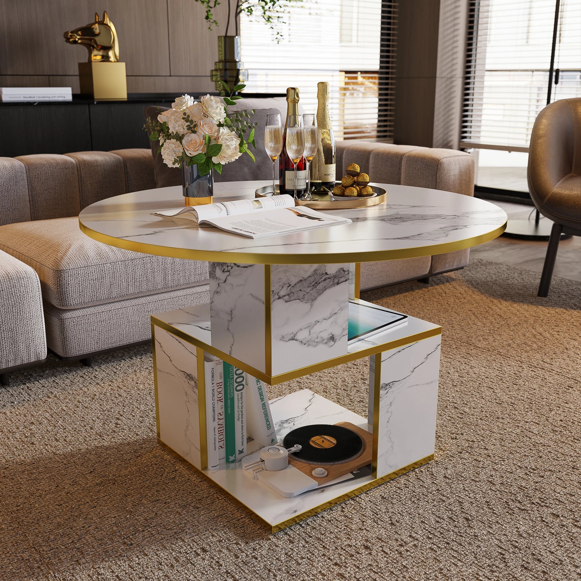 30” Round Marble White Coffee Table with Storage Shelves, a modern luxury wood cocktail table featuring gold accents, ideal for small living rooms.