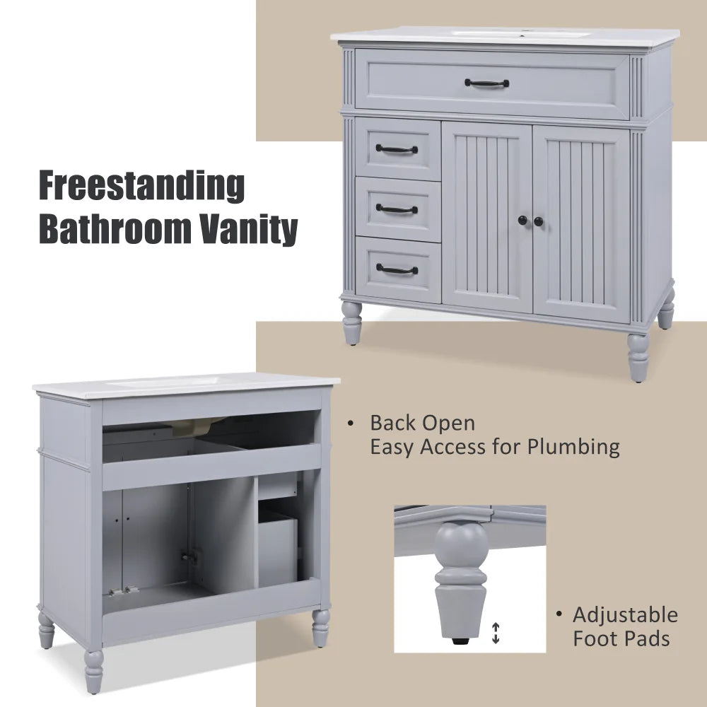 Freestanding 36" White Bathroom Vanity w/Ceramic Sink