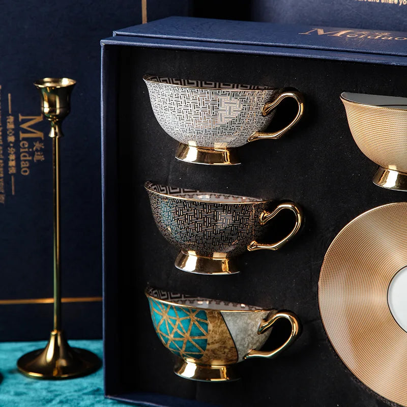 All 4 cups from the Luxurious European Bone China Coffee & Tea Set arranged beautifully showcasing the vibrant styles. A perfect gift idea for anyone who loves a European bone china coffee set.