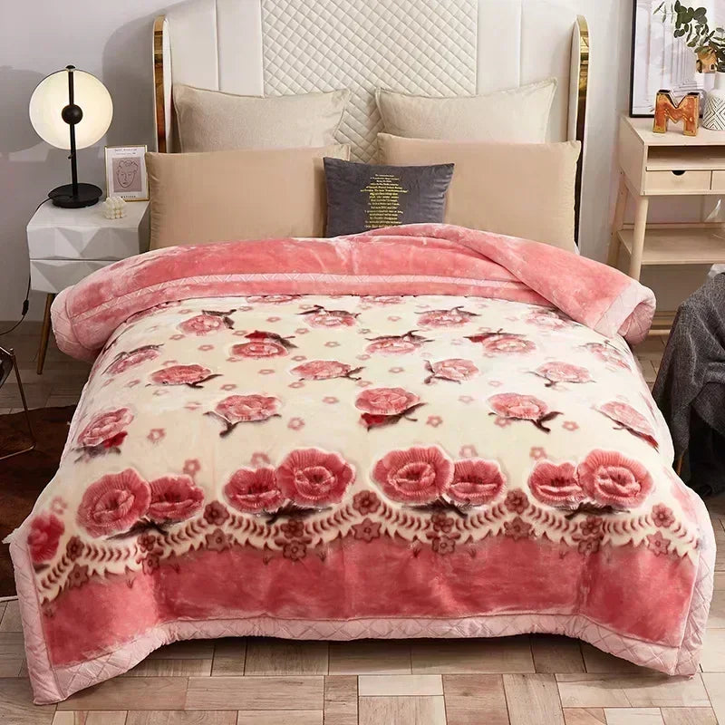 Korean Raschel 2-Ply Heavy Fleece Blanket, 78x90 Queen Size Reversible Geometric Plush Blanket displayed with a red floral pattern; reversible geometric blanket for a warm bedroom accent.