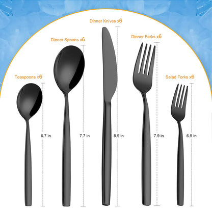 30-Piece Black Stainless Steel Flatware Set, Service for 6 providing coordinated black flatware set service for six