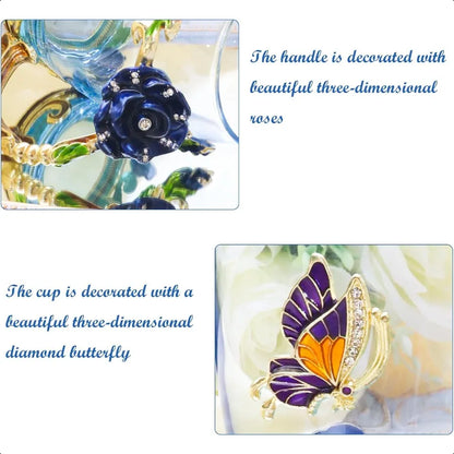 Fancy Butterfly & Rose Glass Tea Cup w/Spoon Gift Box