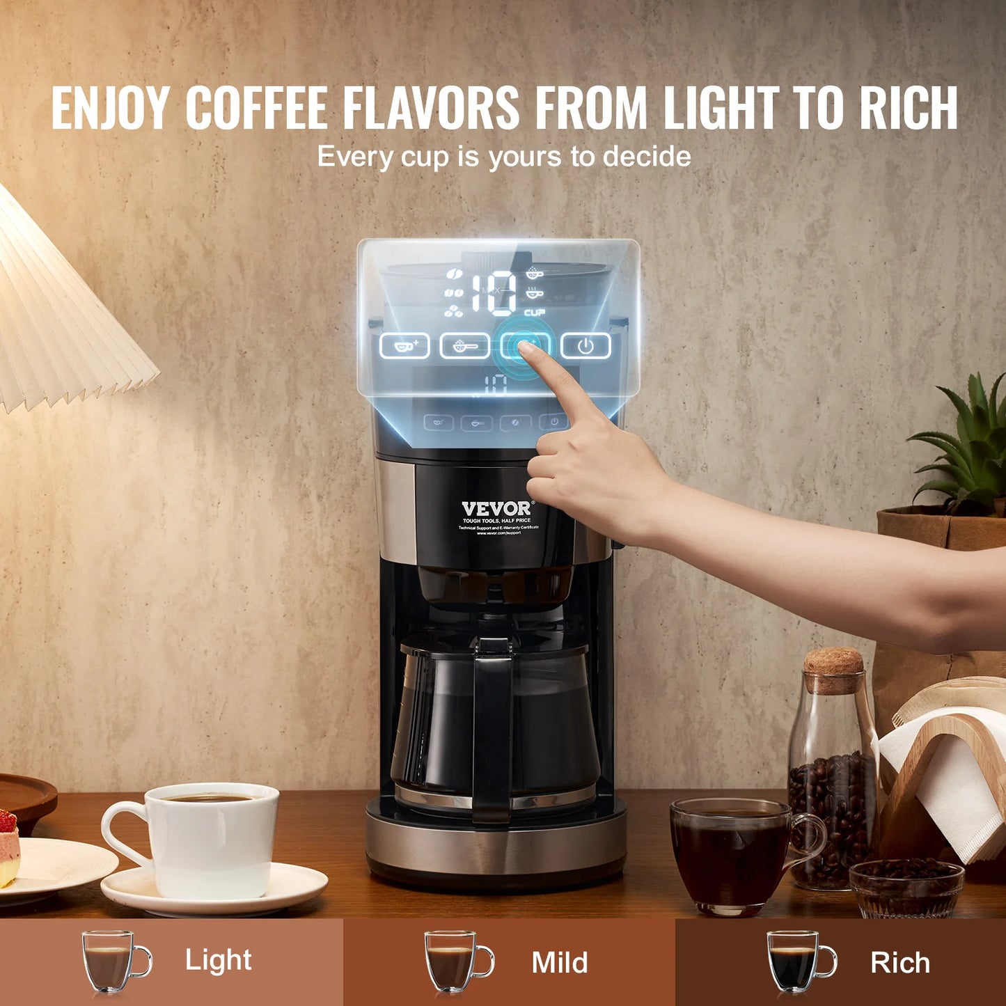 Grind & Brew Coffee Maker with Built-In Grinder, 10-Cup Drip Coffee Machine with Adjustable Strength & Coarseness