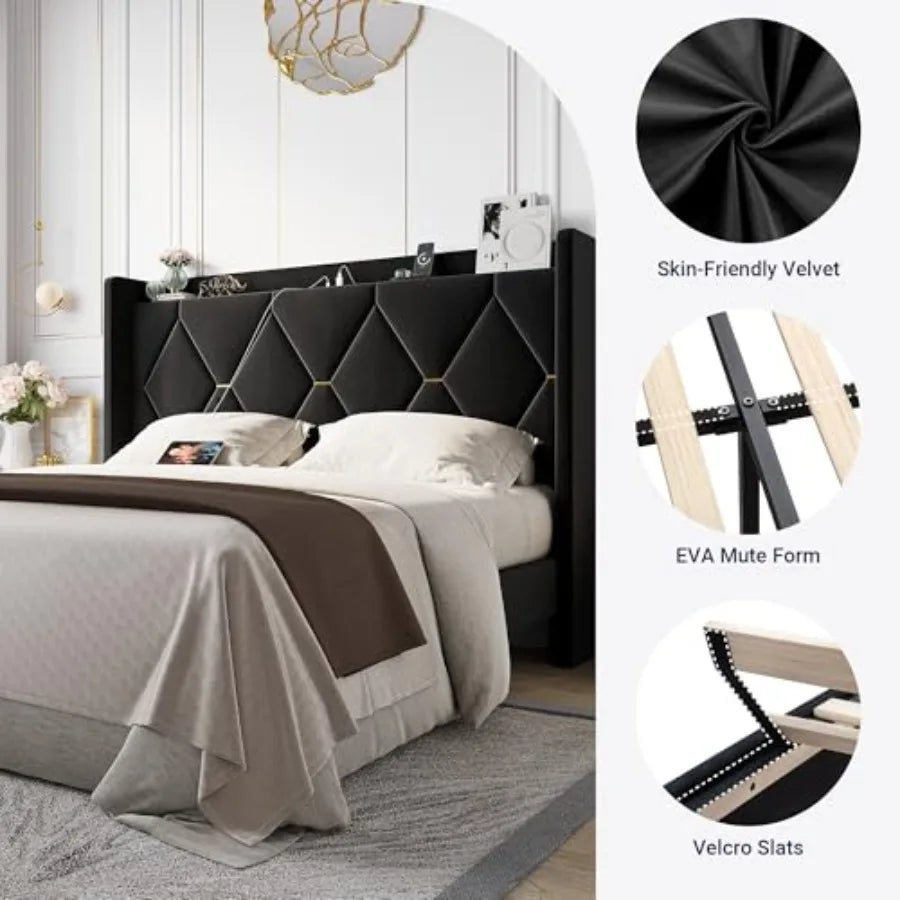 Luxury Velvet Wingback Bed Frame featuring a spacious headboard with storage compartments for a functional and stylish bedroom.