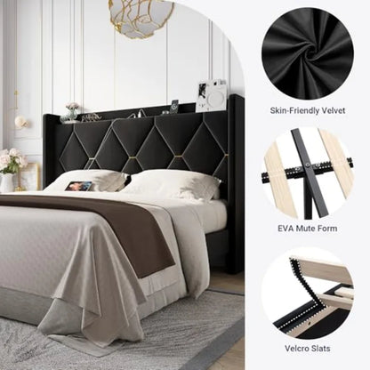Luxury Velvet Wingback Bed Frame featuring a spacious headboard with storage compartments for a functional and stylish bedroom.