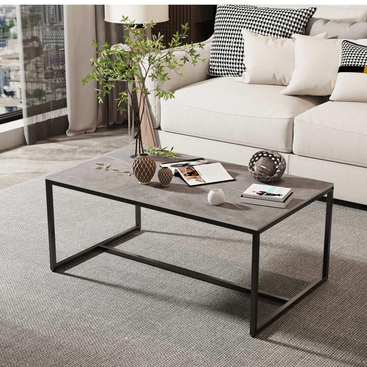 Rectangular Sintered Stone Coffee Table w/Black Metal Frame