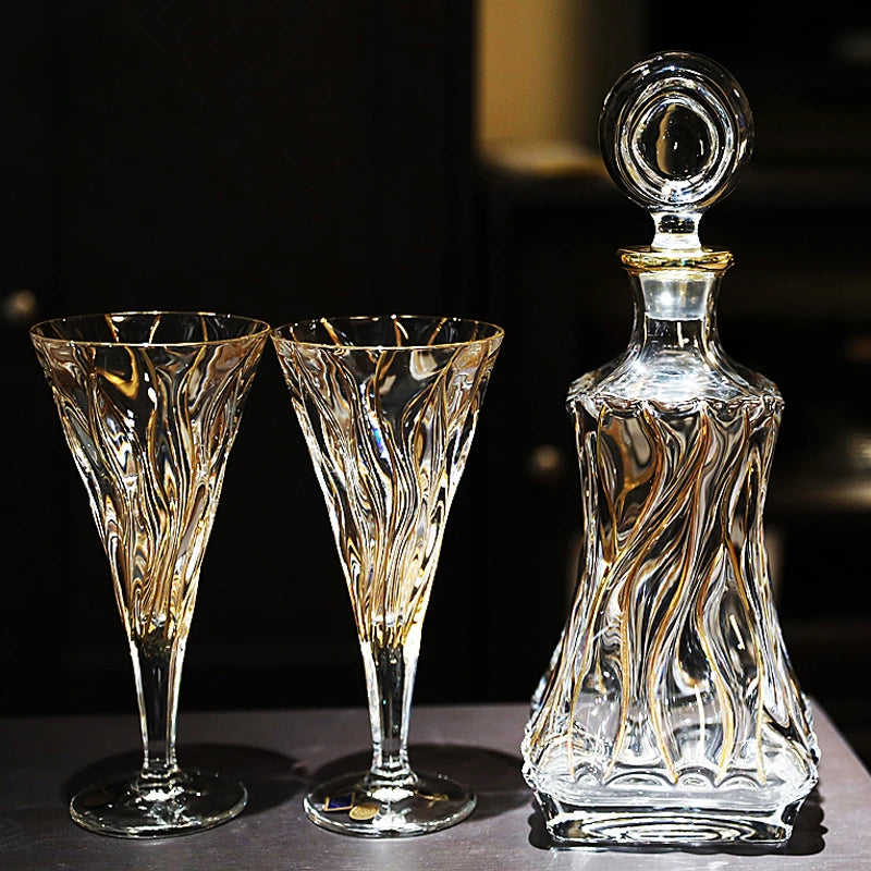 Crystal Glass Gold Traced Wine Decanter & Wine Glass Set