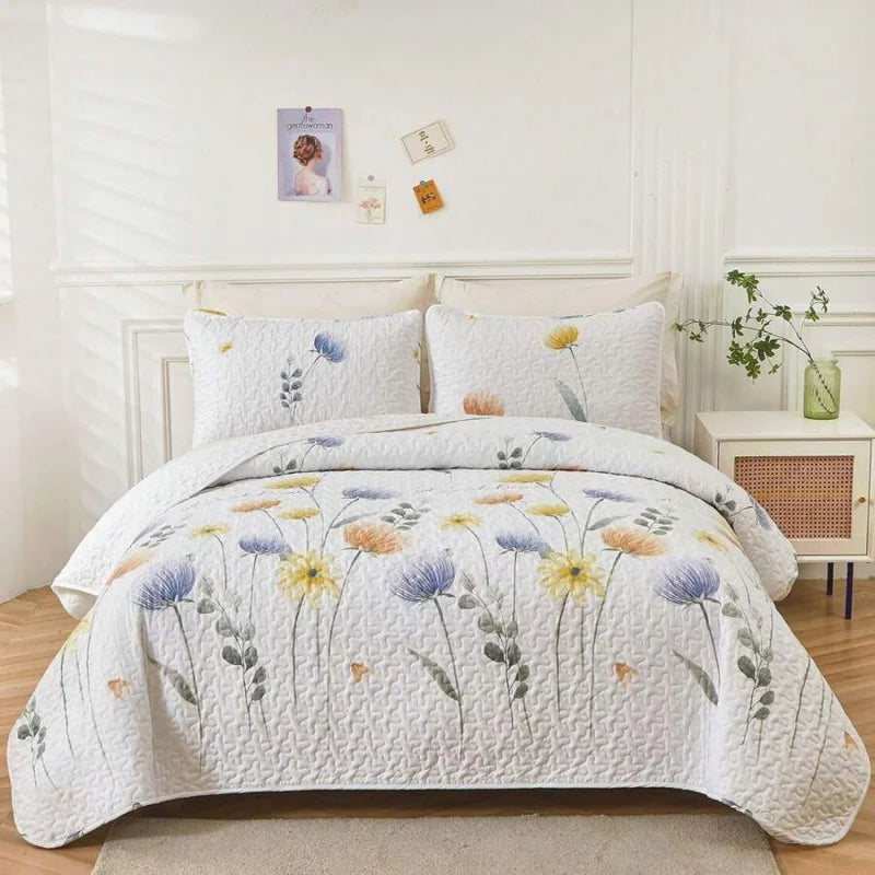 3-Piece Queen Floral Quilt Set, Lightweight Reversible Farmhouse Coverlet with 2 Pillow Shams - blue and yellow botanical bedding
