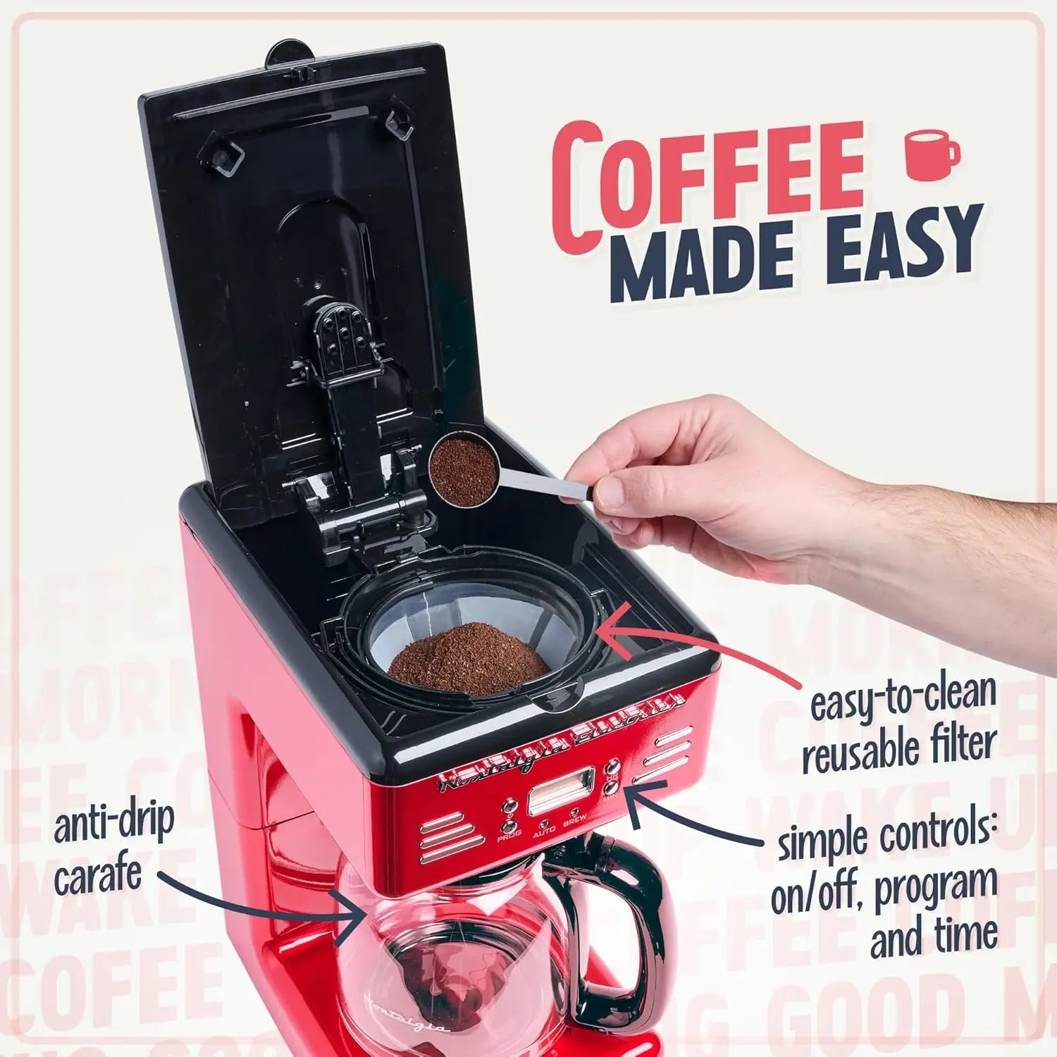 Pause serve feature of the Red Retro 12-Cup Programmable Coffee Maker allowing for quick coffee serving.