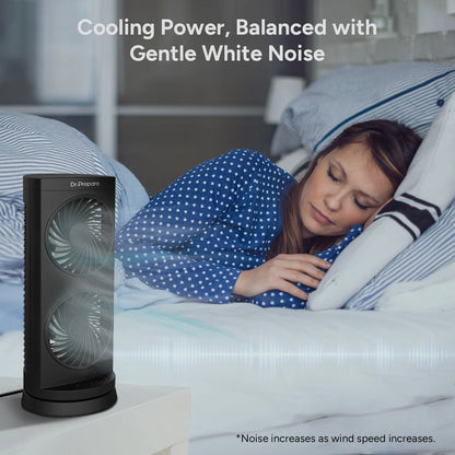DR.PREPARE Portable Desk Tower Fan - Dual Fan Design with 110° Oscillation - Black, energy-efficient 16W portable desk fan