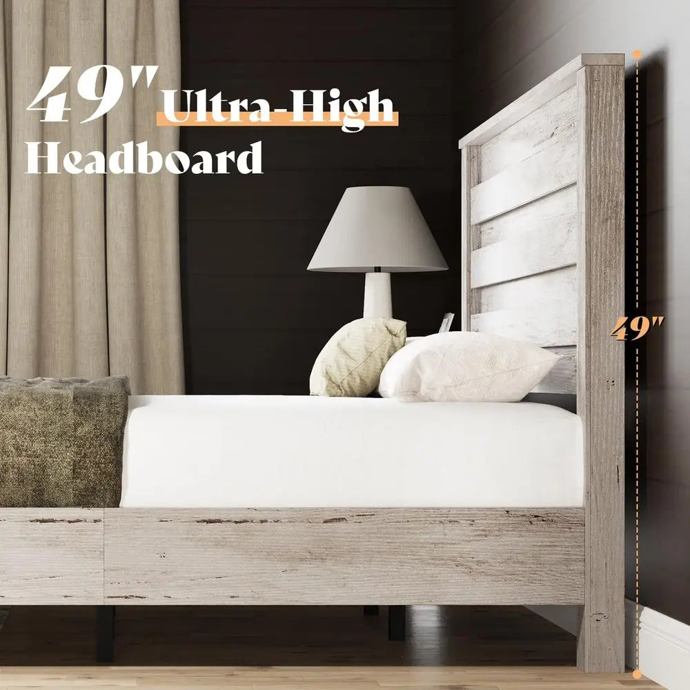 Side view of the Queen Size Distressed White Bed Frame highlighting the platform design and wooden slats.