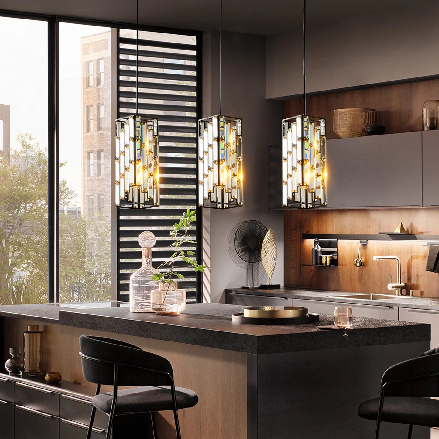 Modern Black Finish Crystal Pendant Light- Pack of 3