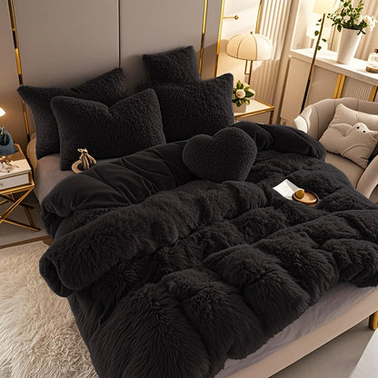 Multiple colors available for Faux Fur Duvet Cover Set including rose quartz pink, gray, and beige for stylish bedroom decor.
