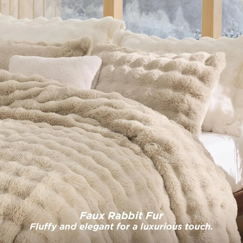 Plush & Fluffy Faux Rabbbit Fur Light Beige King Comforter Set 