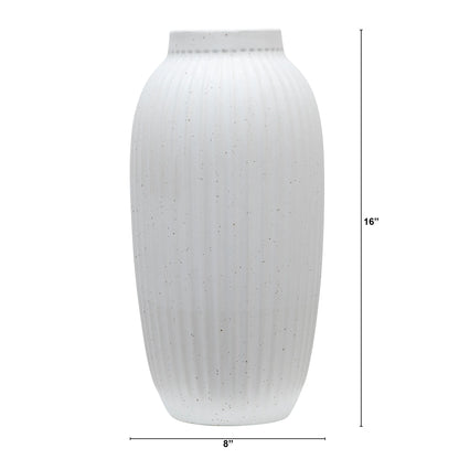 Decorative Indoor Speckled White Ribbed Ceramic Vase