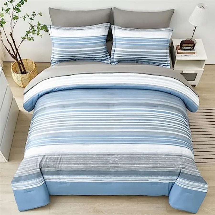 Cozy Light Blue Blue & White Striped Comforter Set in soft microfiber bedding, designed for all-season comfort and easy maintenance.