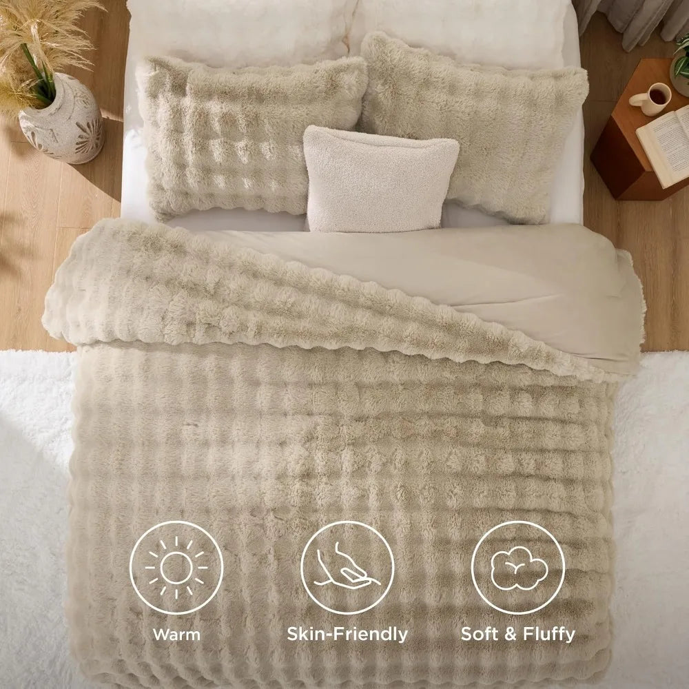 Plush & Fluffy Faux Rabbbit Fur Light Beige King Comforter Set 