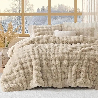 Plush & Fluffy Faux Rabbbit Fur Light Beige King Comforter Set 