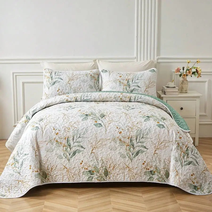 3-Piece Queen Floral Quilt Set, Lightweight Reversible Farmhouse Coverlet with 2 Pillow Shams - decorative blue and yellow bed cover